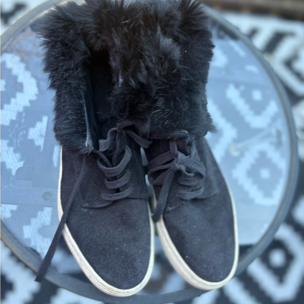 Vince Black Furry Trim Sneakers with White Sole